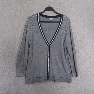 J Jill Cardigan Sweater‎ Womens Medium Soft Wool Blue White Striped Blend V-Neck